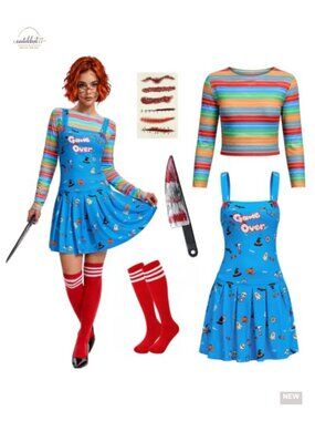 Killer Doll Halloween Costume Set 5PC Women Polyester 4-Way Stretch